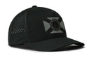 The Haka Hat Florida Flag Performance 5-Panel Hat is a black Flexfit® Snapback with a curved brim, front patch featuring the Florida flag seal on a diagonal cross, water repellent fabric, ventilation holes, and sweatband for comfort.