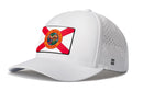 The Haka Hat Florida Flag Performance 5-Panel Hat features a state flag patch, side ventilation holes, and a Flexfit® sweatband for comfort. This white FL Flexfit® snapback combines style and performance.