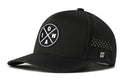 The Haka Hat Iowa Performance 5-Panel Hat features a black design, a round front logo with "IOWA" in a cross pattern, perforated side panels, Flexfit® sweatband for comfort, and a small white H logo on the side.