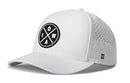The Haka Hat Iowa Performance 5-Panel Hat features a white design, black IOWA X logo on the front, perforated sides, Flexfit® sweatband, snapback closure, and a small black H logo on the right side.