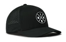 The Haka Hat Minnesota Performance 5-Panel Hat | MIN X Flexfit® Snapback features a black design with perforated sides, a circular M-N-I logo, and a Minnesota silhouette—offering comfort and style for everyday wear.