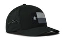 The Haka Hat Texas Flag Performance 5-Panel Hat is a black TX Tactical Flexfit® Snapback featuring a grayscale Texas flag patch with white star, water-repellent fabric, perforated side panels, and a comfortable sweatband.