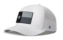 The Haka Hat Texas Flag Performance 5-Panel Hat features a black, gray, and white flag patch with a star, perforated side panels, H logo, and Flexfit® sweatband for comfort. Brand: Haka Hat. Model: TX Tactical Flexfit® Snapback.