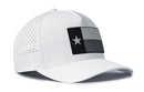 The Haka Hat Texas Flag Performance 5-Panel Hat features a black, gray, and white patch with a star, ventilated side panels, and a Flexfit® sweatband for comfort. This TX Tactical Flexfit® Snapback by Haka Hat ensures style and breathability.