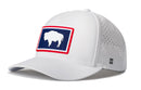 The Haka Hat Wyoming Flag Performance 5-Panel Hat features a blue and red rectangle patch with a white bison, perforated sides for airflow, a Flexfit® sweatband, snapback closure, and small H logo.