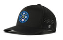 The Haka Hat Tampa Bay Baseball Performance 5-Panel Hat by Haka Hat features a black design, round blue front patch with a white palm tree, yellow crossed lines, T and B letters, baseball graphic, and a Flexfit® sweatband for comfort.