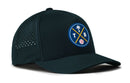 The Haka Hat Tampa Bay Baseball Performance 5-Panel Hat | TB X Flexfit® Snapback features a dark green design, mesh back, Flexfit sweatband, and a round front patch with a palm tree, crossed bats, baseball, and “T” & “B” letters.