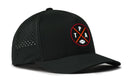 The Haka Hat Tampa Bay Football Performance 5-Panel Hat features a black design, round TPA patch with red lines and football icon, ventilation holes, and a Flexfit® sweatband for comfort; TPA X Flexfit® Snapback.