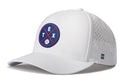 The Haka Hat Texas Baseball Performance 5-Panel Hat | TEX X Flexfit® Snapback features a round blue and red emblem with T, E, X letters and a baseball, perforated side holes, small H logo near the brim, and a comfy Flexfit sweatband.
