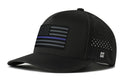 The Haka Hat Thin Blue Line Performance 5-Panel Hat features a black-and-white flag with a blue stripe, Flexfit® sweatband, mesh ventilation, snapback closure, and a small white H logo near the brim.