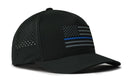 The Haka Hat Thin Blue Line Performance 5-Panel Hat by Haka Hat features perforated side panels, a Flexfit® sweatband, and a black, white, and gray American flag with a blue stripe on the front.