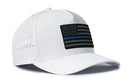 The Haka Hat Thin Blue Line Performance 5-Panel Hat features a black and gray American flag patch with a blue stripe, Flexfit® sweatband, ventilation holes, and snapback. Perfect police tactical cap from Haka Hat.