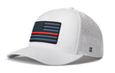 The Haka Hat Thin Red Line Tactical Performance 5-Panel Hat is a white Firefighter Flexfit® Snapback featuring a black, blue, and gray American flag patch with a red stripe, perforated sides, and a small H logo.