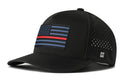 The Haka Hat Thin Red Line Tactical Performance 5-Panel Hat is a black Flexfit® Snapback featuring a stylized American flag with red and blue stripes, side ventilation holes, and a subtle “H” logo—ideal for firefighters.