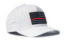 The Haka Hat Thin Red Line Tactical Performance 5-Panel Hat by Haka Hat is a white Flexfit® snapback with a stylized American flag patch in black, gray, blue, and a thin red line, plus side ventilation for comfort.