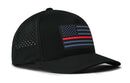 The Haka Hat Thin Red Line Tactical Performance 5-Panel Hat is a black Flexfit® Snapback featuring a gray and black American flag with a red line and perforated side panels, honoring firefighters with bold style and breathable comfort.
