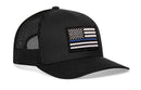 The Haka Hat Thin Blue Line Trucker Hat is a black mesh snapback featuring a black-and-white American flag patch with a blue stripe, honoring law enforcement.