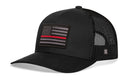 The Haka Hat Thin Red Line Trucker Hat by Haka Hat features black mesh, a U.S. flag patch with black, gray, and a red stripe, a curved bill, snapback closure, and a logo tag on the mesh side panel.