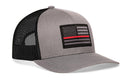 The Haka Hat Thin Red Line Trucker Hat in gray-black features a fire tactical American flag patch with a thin red line, honoring first responders. This Haka Hat snapback is the perfect tribute to their bravery.