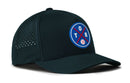 The Haka Hat Toronto Baseball Performance 5-Panel Hat | TOR X Flexfit® Snapback is a black cap with a front patch featuring crossed bats, "T O R" in blue and white, a baseball, and side ventilation holes for comfort.