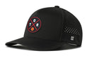 The Haka Hat Toronto Basketball Performance 5-Panel Hat features a round patch with crossed lines, T, O, R lettering, basketball graphic, Flexfit® sweatband, ventilation holes, snapback closure, and a small H logo near the back.