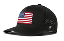 The Haka Hat USA Performance 5-Panel Hat is a black Flexfit® Snapback featuring an American flag patch on the front, side ventilation holes, and a small white H logo near the brim.
