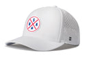 The Haka Hat USA Performance 5-Panel Hat features a white design, round USA emblem, red and blue text with a star, ventilation holes, Flexfit® sweatband for comfort, and a stitched H logo on the left side.