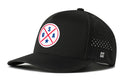 The Haka Hat USA Performance 5-Panel Hat features a black design with a red, white, and blue circular USA logo and star, ventilation holes, Flexfit® sweatband, and water repellent fabric to keep you comfortable and dry.