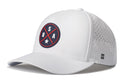 The Haka Hat USA Performance 5-Panel Hat by Haka Hat features a round USA logo on the front and comes in blue, red, and white colors. This Flexfit snapback is water repellent with perforated side panels for ventilation, a comfortable sweatband, and a small H logo on the side.