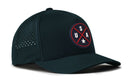 Introducing the Haka Hat USA Performance 5-Panel Hat in America Blue-Red-White—a sleek black Flexfit snapback featuring a bold round USA patch on the front. This hat by Haka Hat boasts small ventilation holes on the back half and a comfortable Flexfit sweatband, ensuring you stay cool and dry with its water-repellent design wherever your adventures take you.