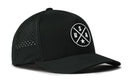 The Haka Hat USA Performance 5-Panel Hat by Haka Hat is a black Flexfit® Snapback featuring side ventilation holes, a round front patch with crossed lines, “U S A” letters, and a star in white, plus a Flexfit sweatband for comfort.