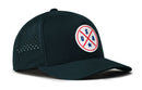 The Haka Hat USA Performance 5-Panel Hat is a dark snapback with a round front patch featuring red crossed lines, blue USA letters, and stars. It has a Flexfit® sweatband plus water-repellent, ventilated side panels.