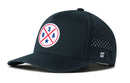 The Haka Hat USA Performance 5-Panel Hat is a black Flexfit® snapback featuring perforated side panels, a round USA logo, small H on the brim, crossed red lines, blue star, and water repellency—your go-to hat for comfort and style.