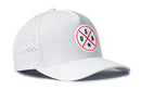 The Haka Hat USA Performance 5-Panel Hat in red, white, and blue features perforated side panels, Flexfit® sweatband, and a round front logo with a red X, U S A letters, and a blue star—combining comfort and style.