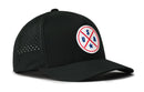 The Haka Hat USA Performance 5-Panel Hat features a black design with a round white front patch, red crossed lines, blue "USA" text, and a star. Flexfit® sweatband and ventilation holes offer comfort. Brand: Haka Hat.