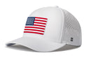 The Haka Hat USA Performance 5-Panel Hat is a white Flexfit® snapback featuring a front American flag patch and side ventilation holes, designed by Haka Hat for comfort and durability.
