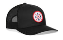 The Haka Hat USA Trucker Hat is a black snapback featuring a mesh back and a round embroidered America patch on the front with “USA” and two stars inside a red-edged circle.