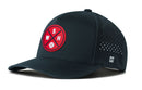 The Haka Hat Washington DC Baseball Performance 5-Panel Hat features a black design, red circular WSH logo with a baseball, perforated side panel, white H on the back, and Flexfit® sweatband for comfort.