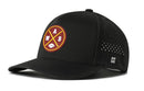 The Haka Hat Washington DC Football Performance 5-Panel Hat features a black design with a circular patch, red/yellow borders, crossed lines, football icon, perforated holes, water-repellent Flexfit® snapback, and side H logo.