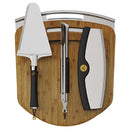 All-in-one pizza kit with 2 bamboo peels, stainless peel, mezzaluna cutter, tongs, and slice server handle. Perfect for HALO and other pizza ovens.