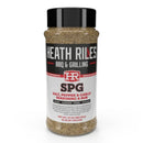 Introducing the Heath Riles SPG All-Purpose Seasoning by Heath Riles—a salt, pepper, and garlic blend designed for steak, chicken, pork, and veggies. Packaged with a black lid and a white label, this versatile seasoning delivers bold flavor to any dish.