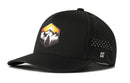 Introducing the Haka Hat Hexagon Mountain Trees Performance 5-Panel Hat—an outdoor Flexfit snapback featuring a vibrant hexagon patch with mountain and sun artwork on the front, small side ventilation holes, and a subtle Haka Hat logo near the brim. Designed for comfort and performance, this stylish 5-panel hat is your perfect companion for any adventure.