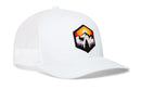 The Haka Hat Hexagon Mountain Trees Trucker Hat by Haka Hat is a white mesh outdoors snapback with a curved bill, featuring a vibrant hexagon patch of mountain trees and a sunset or sunrise in red, orange, and yellow tones.