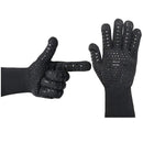 Vigor BBQ Grill Gloves Cut & High Heat Resistant Gloves (Set of 2), shown in black with a textured design—left glove makes a finger gun gesture, right glove displays an open palm facing forward.