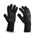 The Vigor BBQ Grill Gloves Cut & High Heat Resistant Gloves (set of 2) feature long cuffs and non-slip dotted silicone on the palms and fingers, perfect for high heat cooking, shown here in black against a white background.