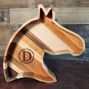 Handcrafted horse-shaped wood tray made from maple, walnut, and cherry – ideal gift for equestrians