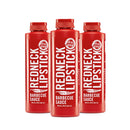 Three bottles of Redneck Lipstick Hot & Spicy Three Pack BBQ Sauce stand side by side on a white background. The bold labels, featuring the Redneck Lipstick brand name in white and black text along with a Real Good badge at the top, showcase this Hot & Spicy BBQ Sauce made with authentic cayenne flavor.