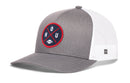 The Haka Hat Houston Trucker Hat | Black HOU X Football Snapback by Haka Hat features a sleek black and white mesh design with a round embroidered “HOU X” patch and football detail on the front, making it the perfect snapback for any football fan.