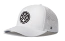 Introducing the Haka Hat Houston Performance 5-Panel Hat | HOU X Flexfit Snapback by Haka Hat—a white performance hat featuring a black circular logo with “HOU” and a Texas outline. This water-repellent hat includes perforated side panels for breathability, an “H” logo on the left side, and a comfortable Flexfit sweatband designed for all-day wear.