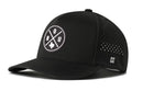 Introducing the Haka Hat Houston Performance 5-Panel Hat | HOU X Flexfit Snapback by Haka Hat. This black performance hat features a round HOU logo with a small Texas outline on the front, as well as an additional H logo on the side. Designed for comfort and durability, it includes small ventilation holes for breathability, a water-repellent finish, and a Flexfit sweatband.